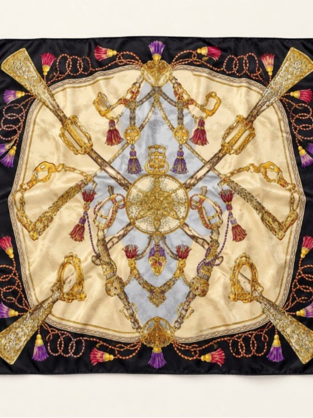 Vintage Lancel Paris Silk Scarf Black Cream Equestrian Print 0846